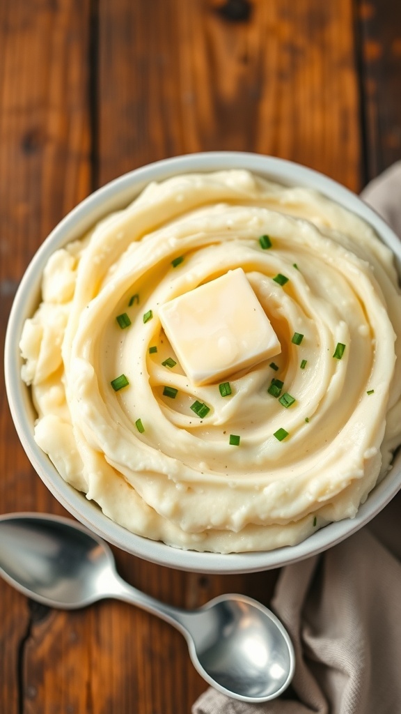 A bowl of creamy mashed potatoes topped with butter and chives on a wooden table.